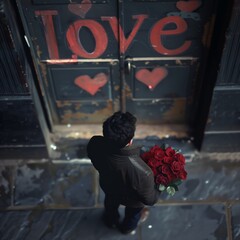 Man with a bouquet of roses at the door where it says &ldquo;love&rdquo;.