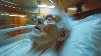 An elderly patient in a hospital bed with motion blur implying urgency, emergency, or metaphorical passage of time - Powered by Adobe