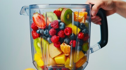 Hand holding blender filled with fresh fruit including strawberries, kiwi, and blueberries, ready...