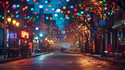Fototapeta premium A festive street adorned with colorful holiday lights, creating a joyful and vibrant atmosphere at night