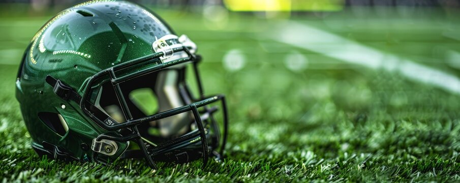 Green American football helmet resting on a grassy field under a cloudy sky, focusing on sports equipment and athletics. - Powered by Adobe