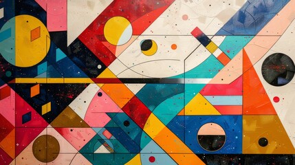 A textured wall featuring an abstract geometric mural with vivid colors and dynamic shapes, showcasing modern street art