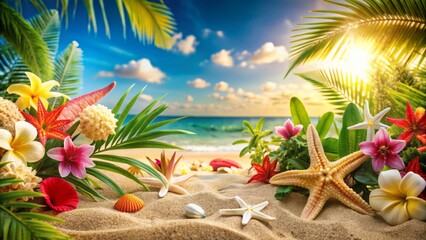 Vibrant summer beach scene with tropical flowers, plants, starfish, and shells scattered on warm golden sand, perfect for summer banner with ample copy space.
