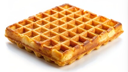 Golden brown waffle with crispy edges and fluffy squares, freshly baked and elegantly presented on a clean white background, mouthwatering morning breakfast treat.
