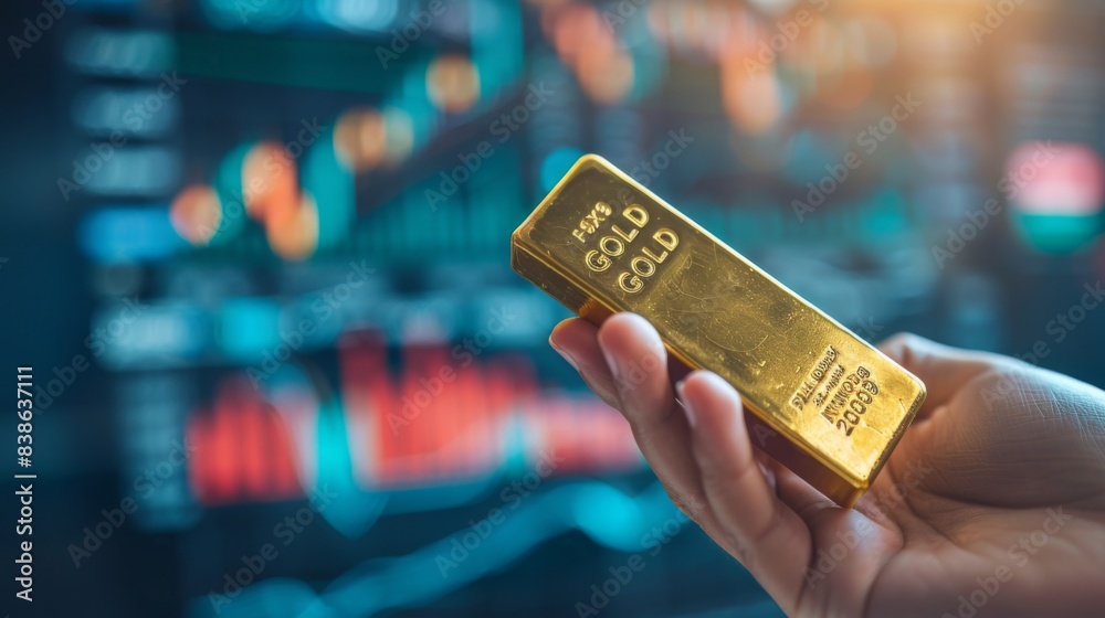Poster a hand holding a gold bar with financial charts and graphs in the background, symbolizing the correl