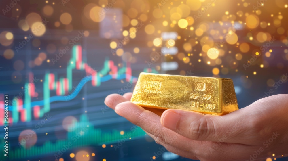 Poster a hand holding a gold bar with financial charts and graphs in the background, symbolizing the correl
