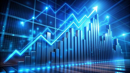 Vibrant blue 3d graph with glowing lines and arrows ascending rapidly, symbolizing successful investments and prosperous financial market trends in a futuristic atmosphere.