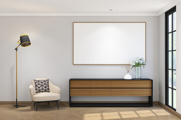 3d render of minimal wall mock up with credenza, armchair and standing lamp side the window. Wood parquet floor and white ceiiling flat 2