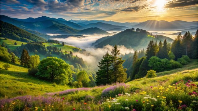 Serene landscape of lush green mountains with misty valleys, trees, and wildflowers, symbolizing harmony and preservation of nature on world environment day.