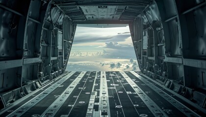 View from the cargo bay of a military aircraft, showcasing the empty interior and open doors to the scenic sky and clouds outside.