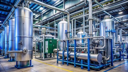 Fototapeta premium Modern industrial facility producing clean hydrogen fuel cells, storing renewable energy in cylindrical tanks, surrounded by pipes, valves, and sleek machinery.