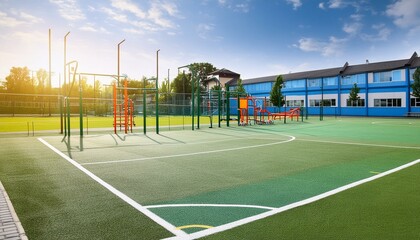 Empty minimal style schoolyard, nobody. Background for school website, school grounds landscaping for events.