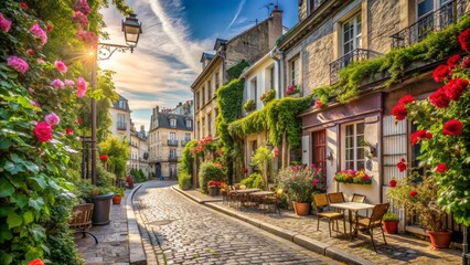 Fototapeta premium Charming cobblestone street in montmartre quarter, paris, lined with historic buildings, picturesque cafes, and blooming rose flowers, on a sunny summer day.