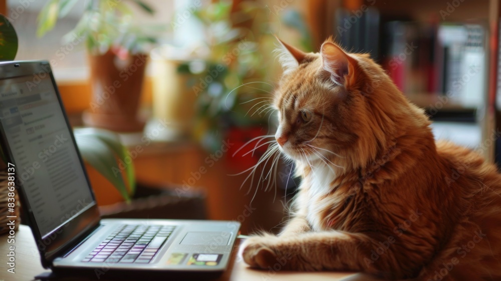 Aufkleber a large cat sitting in front of a laptop, appearing to work or browse the internet in a well-organiz