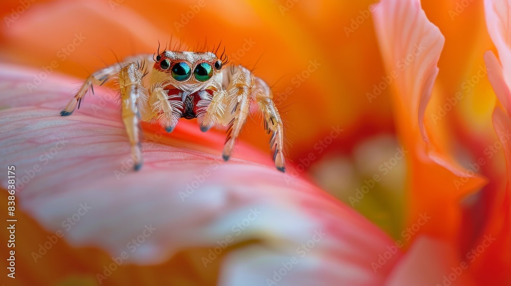 Poster a jumping spider perched on a flower petal, its large eyes reflecting the surrounding environment as
