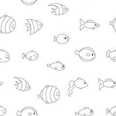 Cartoon aquatic animals. Seamless pattern. Coloring Page. Fish characters underwater world. Marine life. Vector drawing. Design ornaments. © palau83