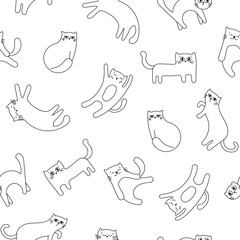 Cute funny cat. Seamless pattern. Coloring Page. Kitten character cartoon. Vector drawing. Design ornaments.