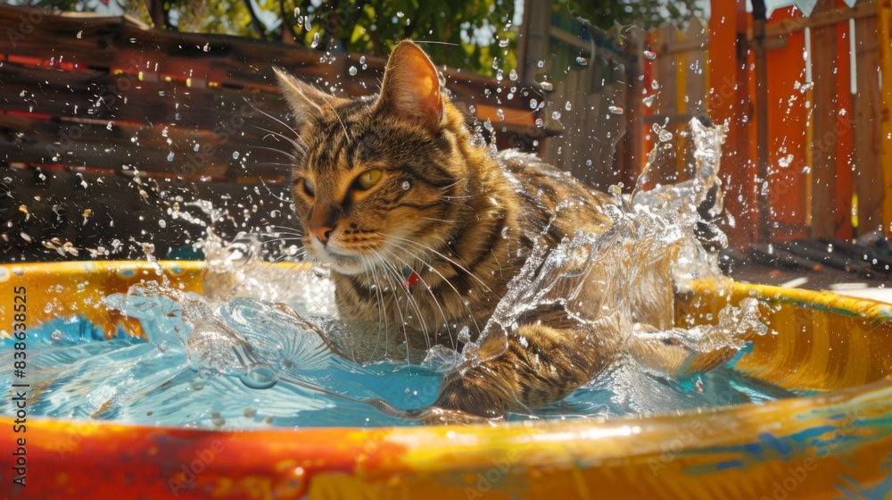 Poster A large cat splashing in a shallow wading pool, enjoying the water on a hot day in a vibrant and colorful backyard