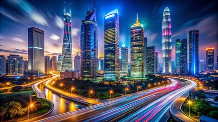 Naklejka premium A vibrant metropolitan scene unfolding in darkness, mesmerizing led lights tracing the path, modern skyscrapers soaring around, urban beauty at its peak.