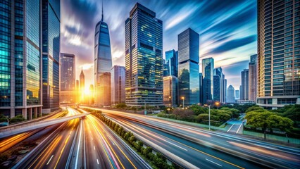 Naklejka premium Urban cityscape blurred in motion, modern skyscrapers and towering buildings fade into sharp focus, capturing dynamic intersection of progress and innovation.
