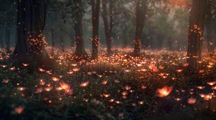 Fototapeta premium A magical forest illuminated by the soft glow of fire flowers, creating a whimsical and enchanting scene