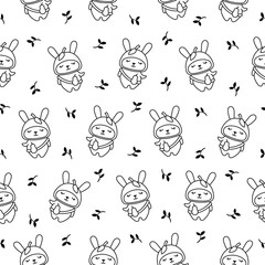 Cute kawaii rabbit with bag. Seamless pattern. Coloring Page. Cartoon animals character. Funny bunny. Hand drawn style. Vector drawing. Design ornaments.