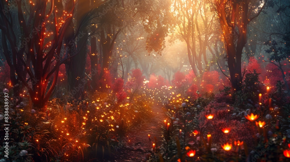 Poster a magical forest illuminated by the soft light of fire flowers, creating a dreamlike and enchanting 