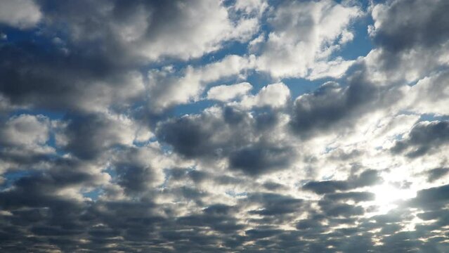 Altocumulus, middle-altitude cloud genus, stratocumuliform physical category, characterized by globular masses or rolls in layers or patches being larger and darker. Airmass real time.