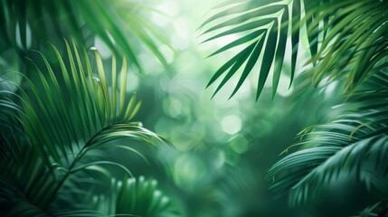 Lush green palm leaves dominate the frame, set against a soft-focus background, conveying a sense of tropical serenity