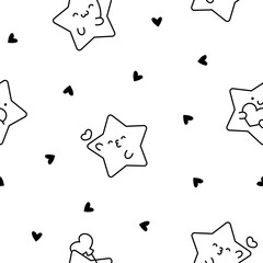 Cute kawaii stars character with different happy expression activity. Seamless pattern. Coloring Page. Hand drawn style. Vector drawing. Design ornaments.