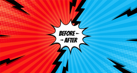 Before and after comic background template. Two color retro background with halftone corners for comparison. Vector illustration.