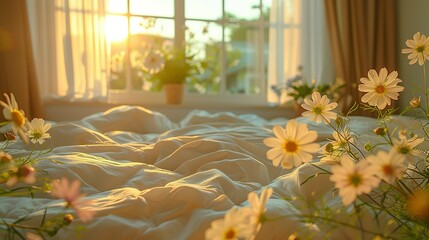 Morning Bliss and Bedlam: Sunlit Bedroom Chaos with Mattress and Pillows