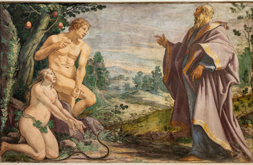 ASSISI, ITALY - MAY 17, 2024: The fresco Expulsion of Adam and Eve from Paradise in church Chiesa...