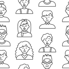 Kids different user profile. Seamless pattern. Coloring Page. Pretty girl and boy. Young people. Vector drawing. Design ornaments.