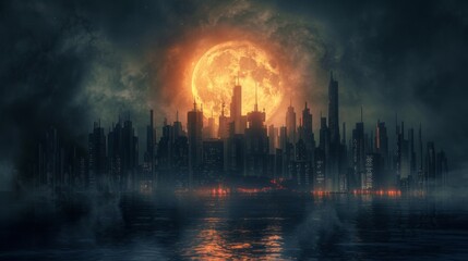 Obraz premium A mesmerizing full moon rising above a silhouetted skyline, casting a mystical glow over the cityscape