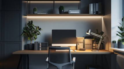 A minimalist workspace with bright, focused task lighting illuminating a clean and organized desk area