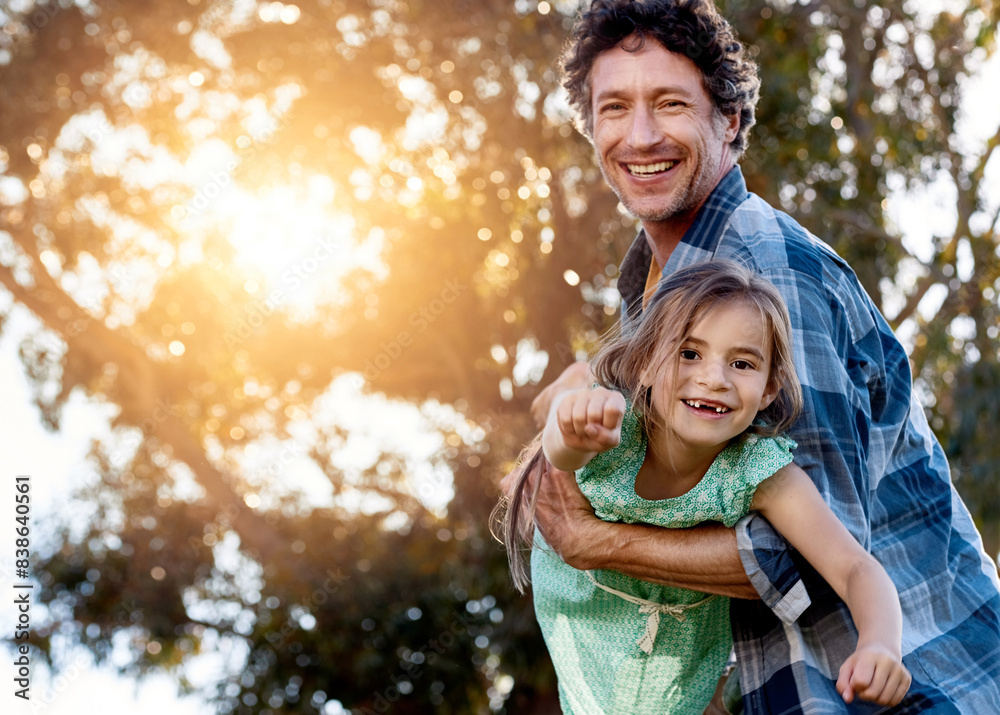 Poster father, portrait and daughter playing plane outdoor with happiness for summer or holiday as family. 