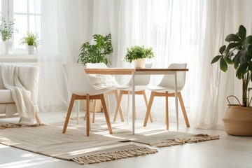 Bright dining room with plants and modern furniture