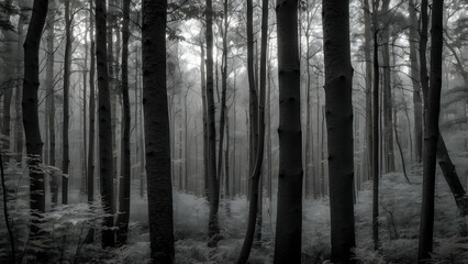 Fototapeta premium A serene, foggy woodland scene with tall trees and ferns, captured in a grayscale color palette that enhances the misty atmosphere