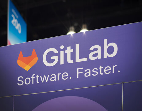 LOS ANGELES, CA- May 22, 2024: GitLab logo on GitLab's booth at AWS Summit in Los Angeles Convention Center