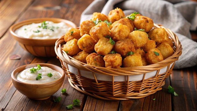 A basket filled with tater tots and hush puppies served with ranch dressing and tartar sauce, crispy, golden, tater tots, creamy, ranch dressing, hush puppies, tartar sauce, appetizer, fried