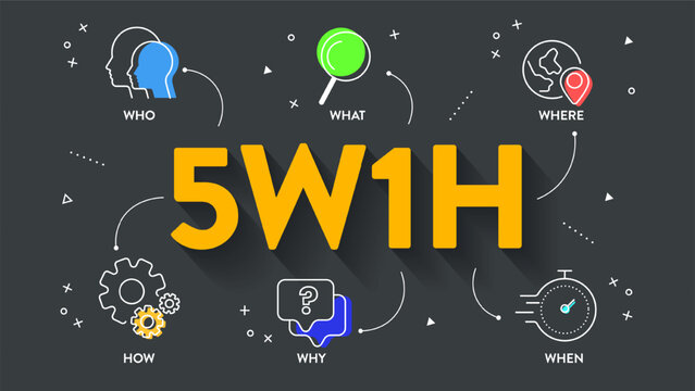 5w1h analysis diagram vector is cause and effect flowcharts, it helps to find effective solutions for problems or for structuring organization, has 6 steps such as who, what, when, where, why and how.