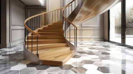 Elegant gallery space with an ash wood spiral staircase, iron railings, and a striking hexagonal mosaic floor in gray tones.