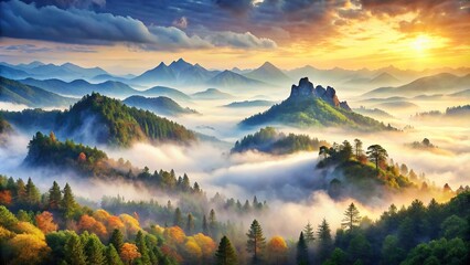 Mountain landscape with fog. Panoramic view of the mountains. Watercolor , Foggy, Misty, Scenic, Serene, Tranquil, Peaceful, Mountain range, Nature, Watercolor painting, Landscape