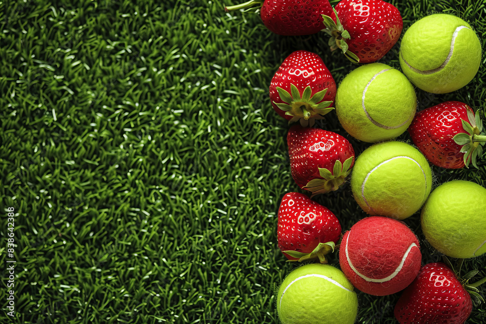 Canvas Prints Overhead view of tennis balls and summer strawberries on a grass court background