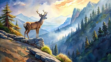 Watercolor painting of a deer standing on a cliff , wildlife, animal, nature, watercolor, painting, deer, cliff, scenery, landscape, peaceful, serene, majestic, outdoors, wildlife art