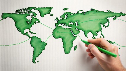 Hand drawing green supply chain on paper with world map in background, sustainability, eco-friendly, environmentally friendly, logistics, global, hand, drawing, paper