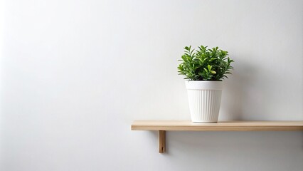 A minimalist indoor plant in a white pot on a wooden shelf against a clean white backdrop, indoor, plant, white pot, wooden shelf, clean, white backdrop, minimalist, decor, home