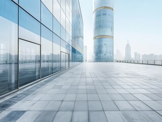 Fototapeta premium A minimalist modern building with a glass facade, standing on a broad, empty plaza with polished concrete surfaces and subtle patterns 