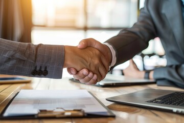 Businessmen shaking hands with documents on the table, symbolizing a completed deal and successful partnership